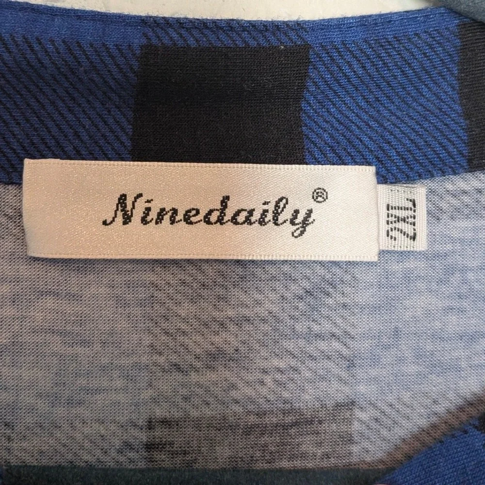 Ninedaily Blue Black Buffalo Plaid Quarter Zip Roll Tab Sleeve Tunic Top 2XL